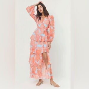 NWT Hutch Bardot Dress in Sky Coral Layered Outline Peonies Chiffon Size Small